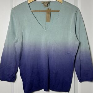 Vertical Design Mint Periwinkle Ombré Gradient V-Neck 3/4 Sleeve Cotton Knit Top